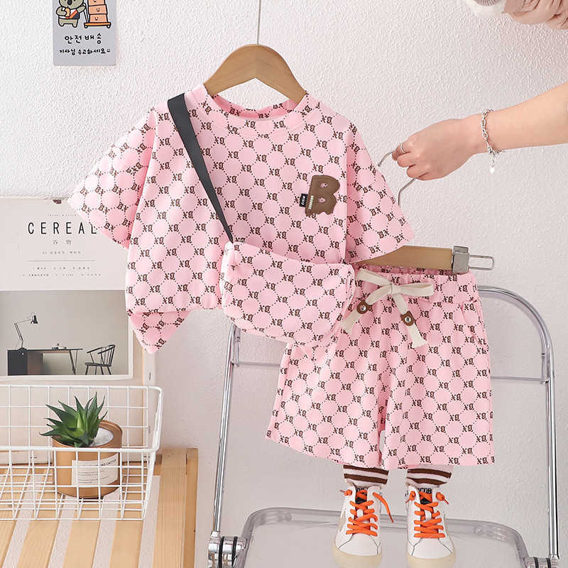 Boys Summer Short Sleeve TwoPiece Set 2025 New Fashionable Childrens Baby Crossbody Bag Summer Thin Stylish Outfit Trendy C250924