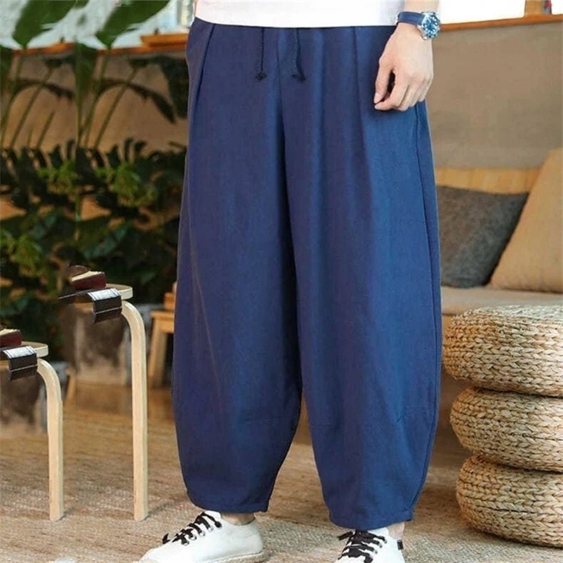 Men Clothes Summer Baggy Hippie Cotton Linen Harem Pants Y2K Male Streetwear Solid Wide Leg Trousers Retro Drawstring Pantalones 240717