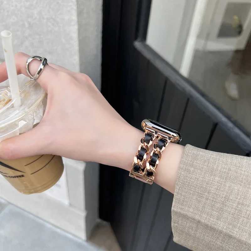 Double row metal denim chain with blackwhite leather Watch Band 22mm3849mm Womens Bracelet for iWatch Ultra 81 Z250924