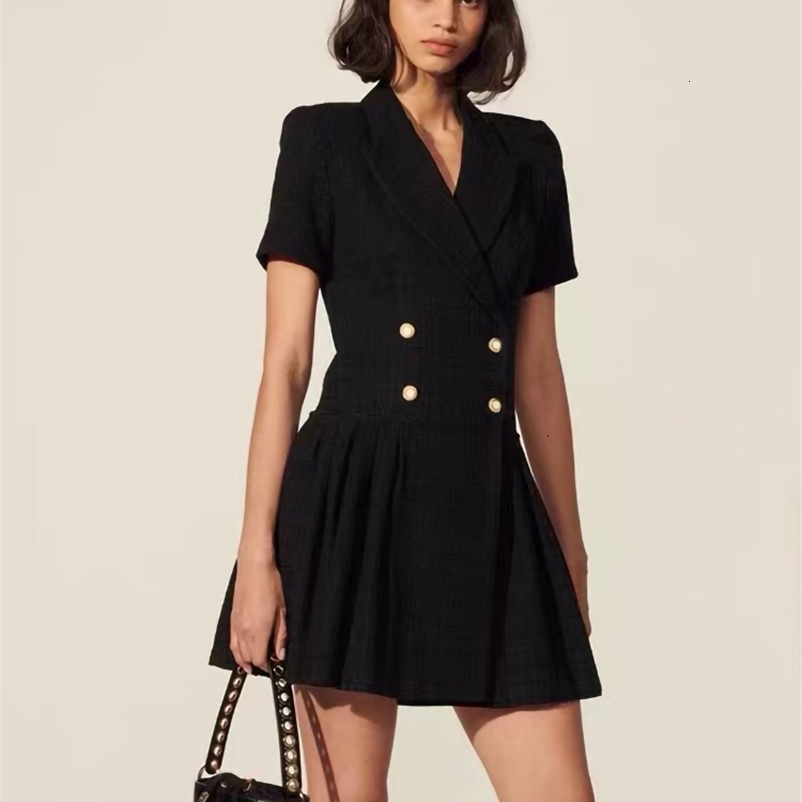 Casual Dresses Sandr* Spring Autumn A-line Dress For Women Classic Retro Tweed Solid Color Double-breasted Short-sleeved Suit Collar Skirts 230331