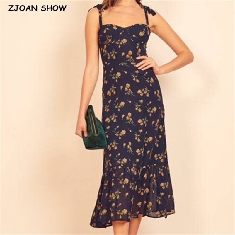 Vintage French Flower Print Bandage Spaghetti Strap Ruffles Hem Midi Dress Navy Retro Women Tie Bow Sling Dresses Holiday 210429