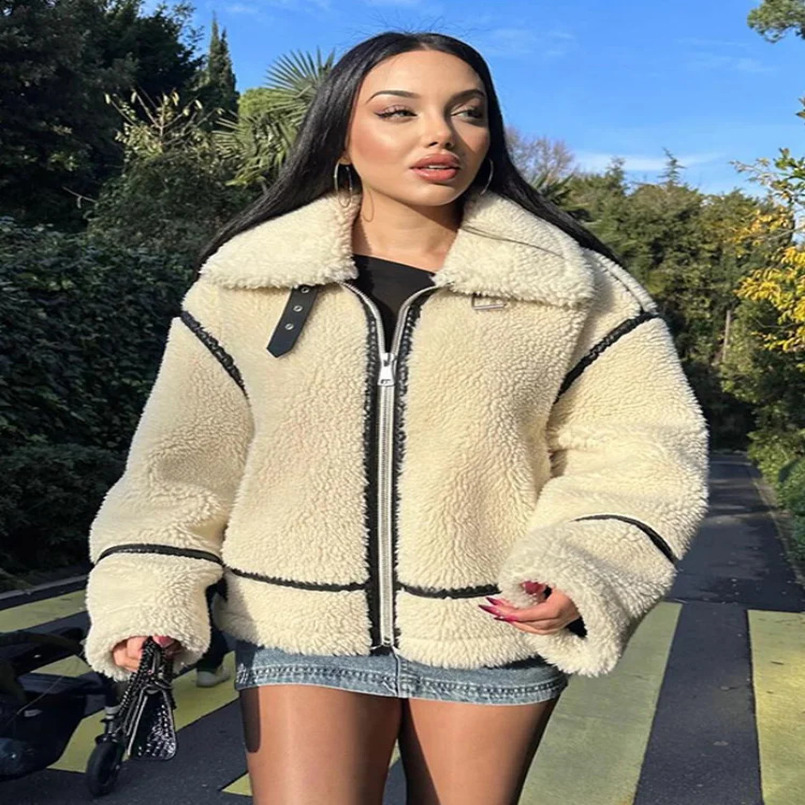 Causal Contrast Lapel Collar Short Wool Fur Coats For Women Fashion Long Sleeve Zipper Female Jacket Winter Warm Daily Wear 241217