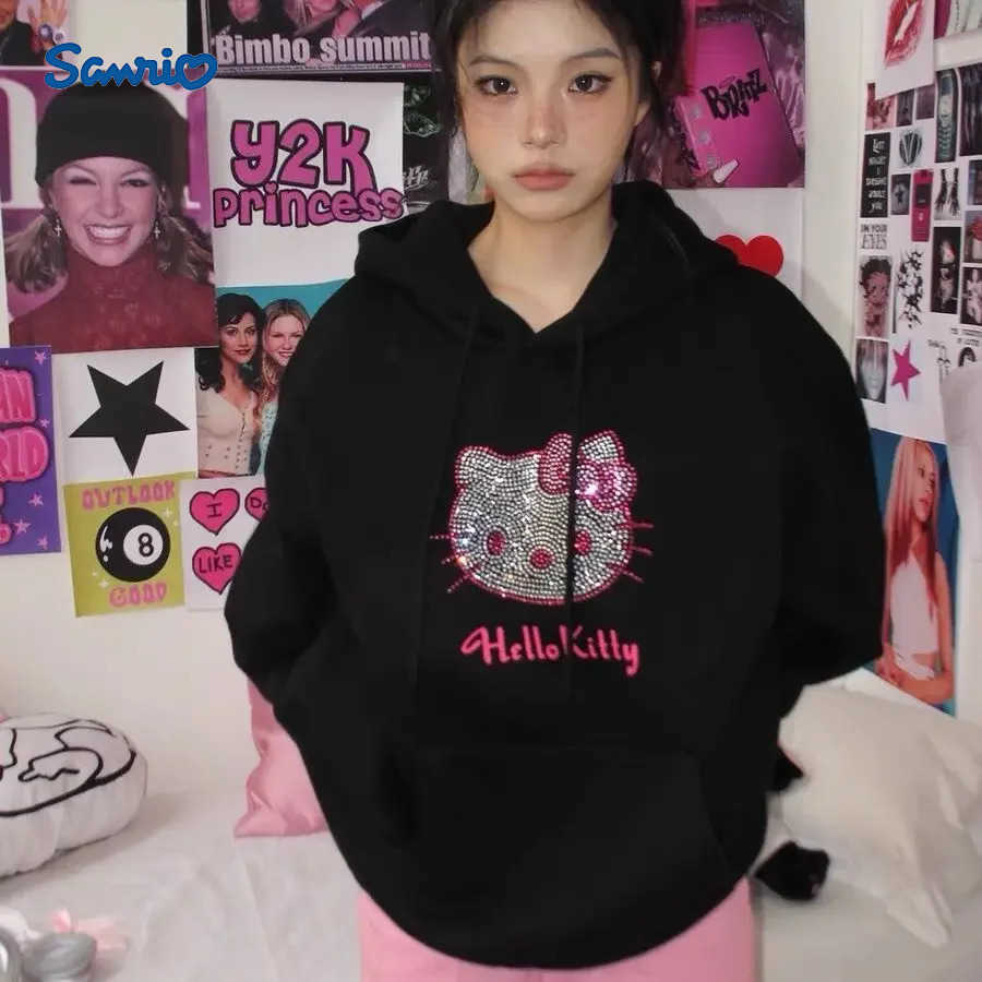 Sanrio Ins New Hello Kitty Hot Rhinestone Plus Fleece Hooded Sweatshirt European and American Style Kitty Y2K Hooded Sweatshirt L250924