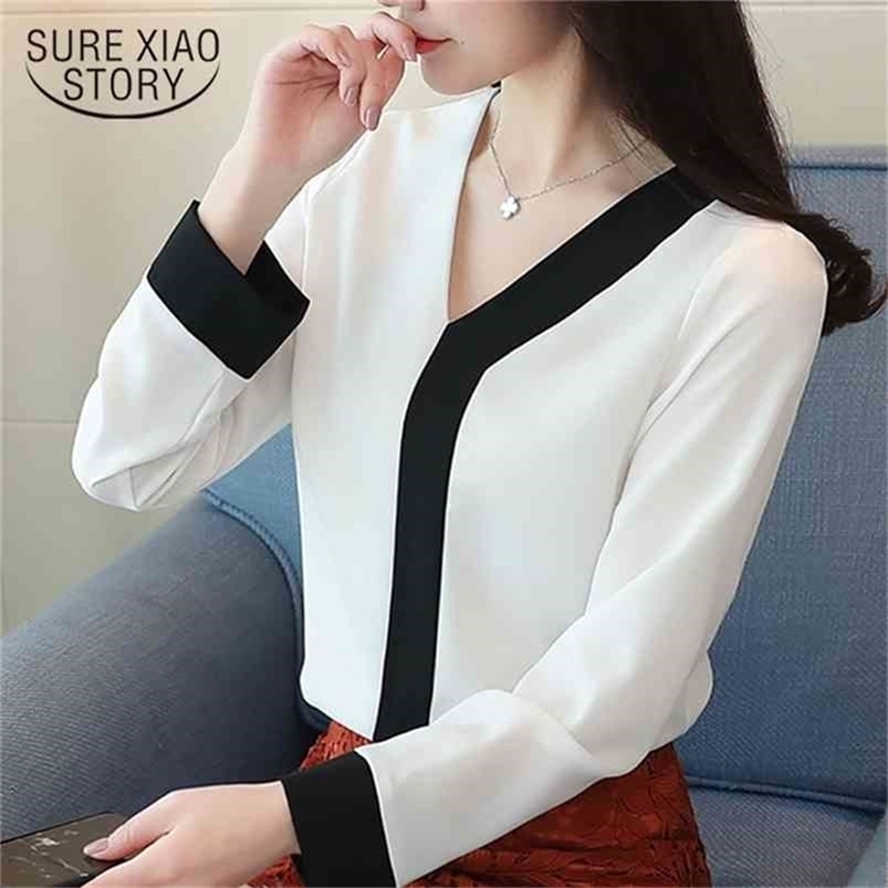 fashion chiffon elegant shirt women blouse long sleeve white tops office lady 's clothing shirts blusas D826 30 210506