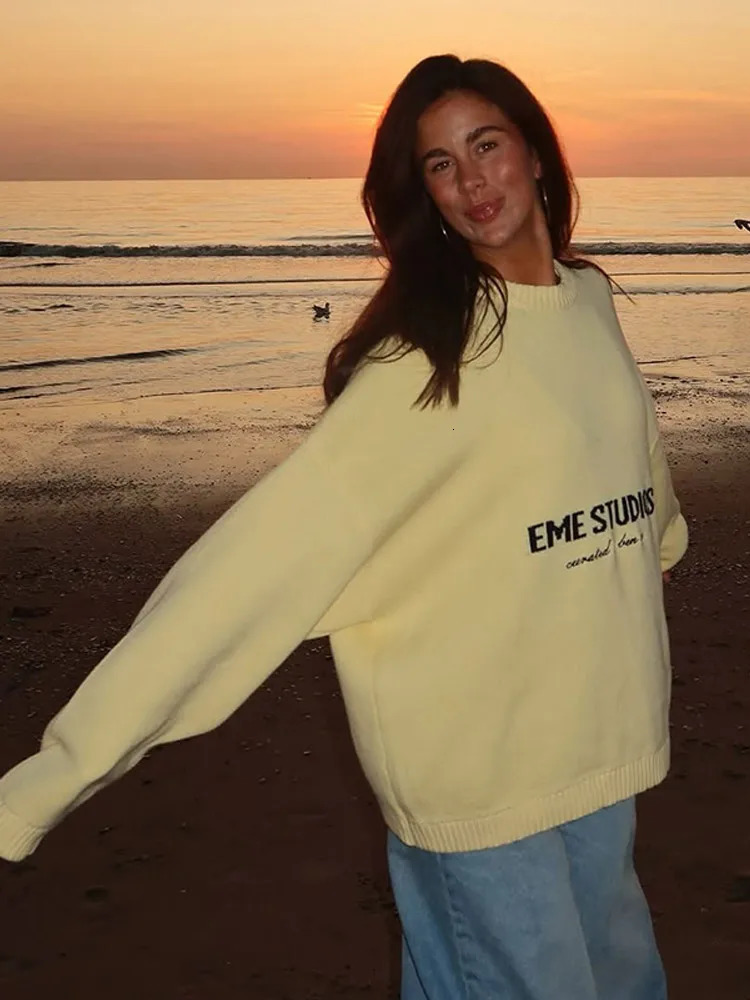Women Yellow Letter Sweater Round Neck Long Sleeve Loose Knitted Tops Female Elegant Casual Street Autumn Holiday Sweaters 250924