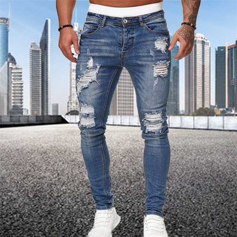 Men's Jeans Fashion Street Style Ripped Skinny Jeans Men Vintage wash Solid Denim Trouser Mens Casual Slim fit pencil denim Pants 230516