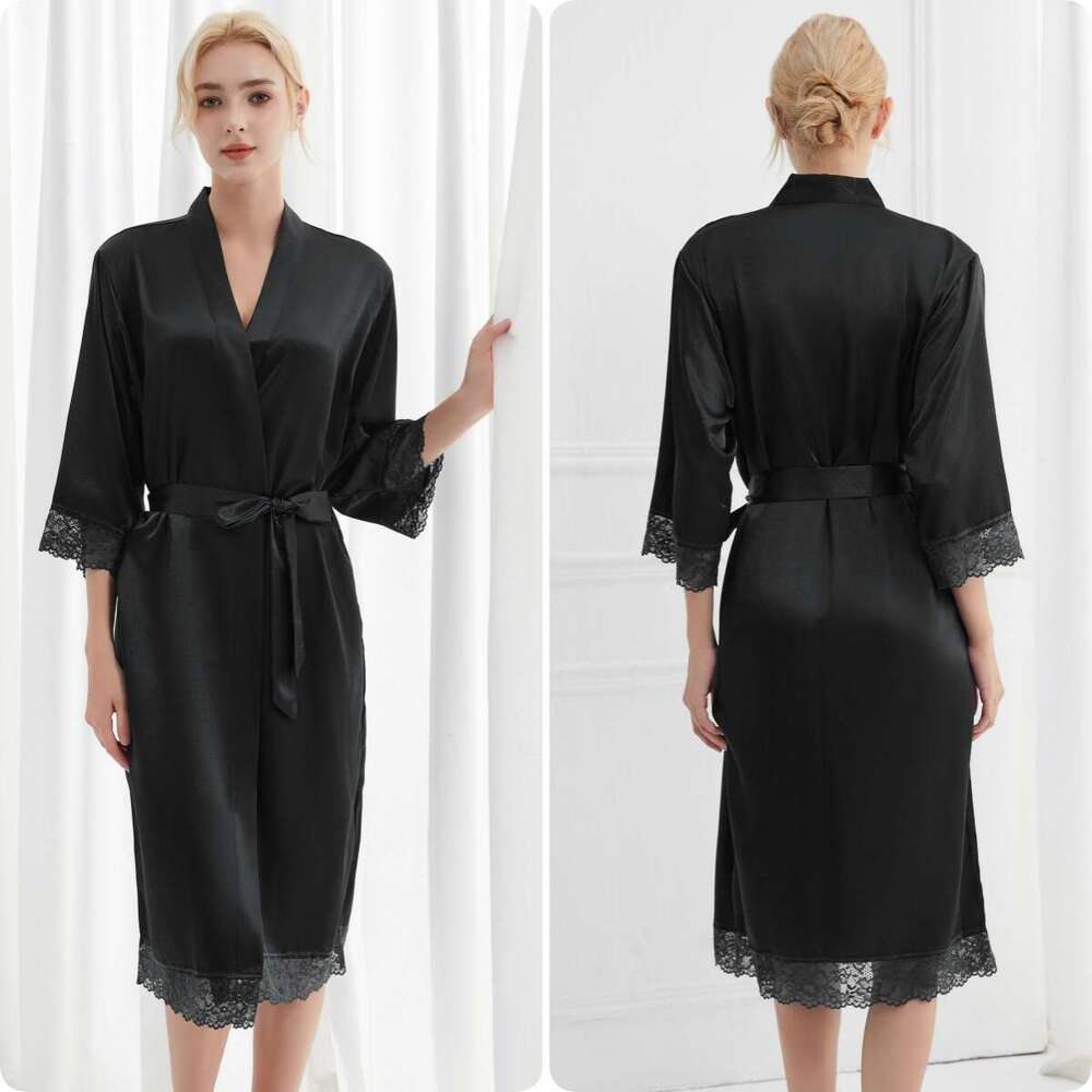 Lace trimmed high-end satin robe, solid color patchwork lace long sleepwear outer robe, luxurious and noble home wear, a must-have for elegant home we
