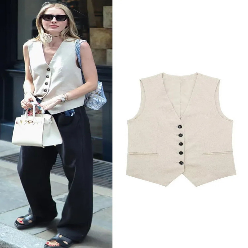 TRAF Linen Vests for Women Sleeveless Suit Vest Coat Woman Autumn Korean Fashion Female Black White Top 240523
