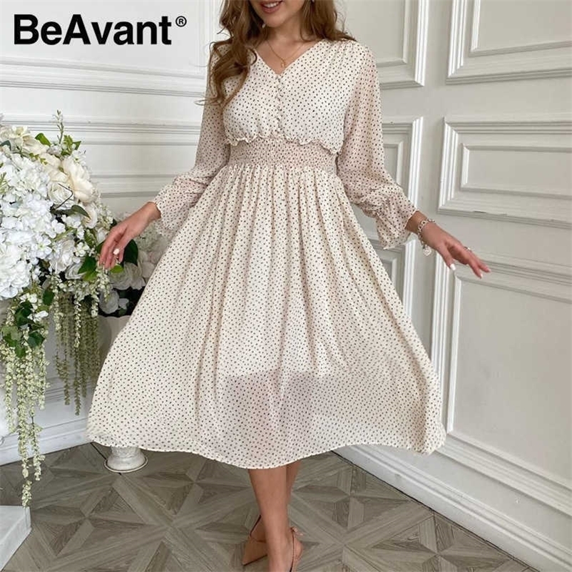 Beavent Casual flare sleeve dress women Elegant V-neck polka dot print dress High waist A-Line holiday female midi dress vestido 210709