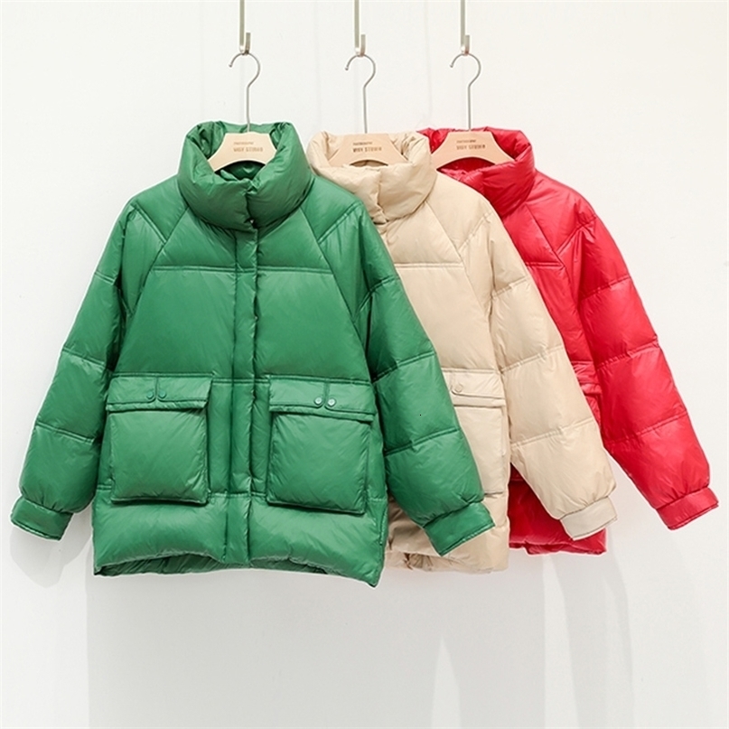 Down Parka Women Thicken Warm Down Jacket Winter Loose Short Stand Collar Female 90% White Duck Down Coat Women's Outerwear 201019