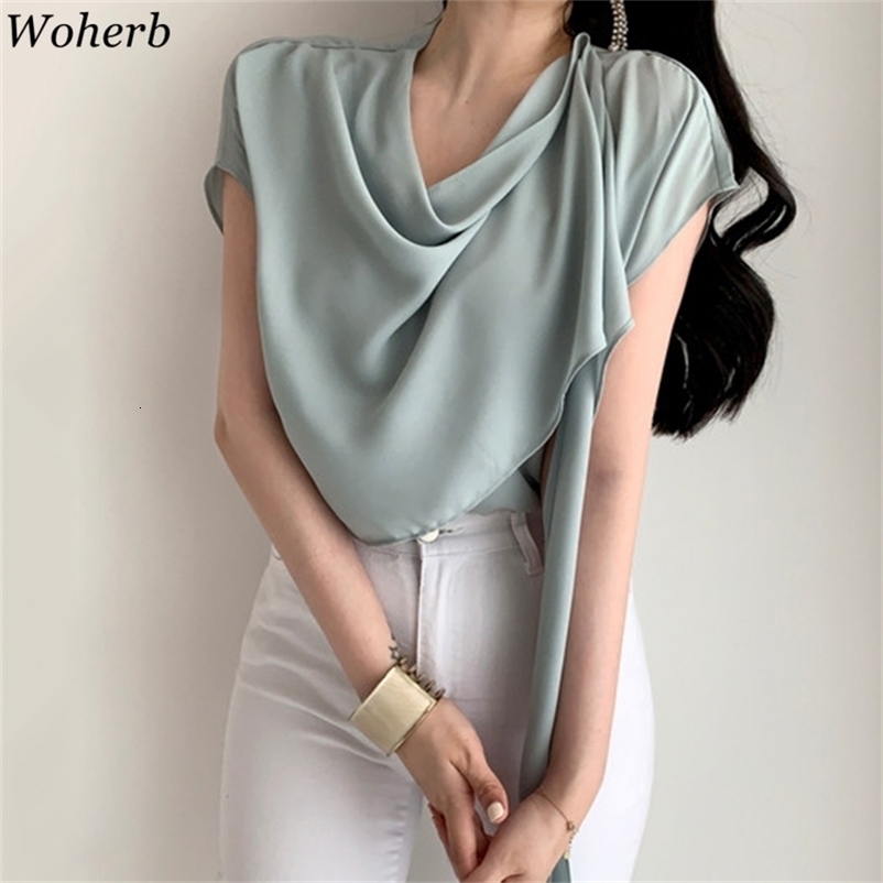 Women Elegant Tops Korean Chic Summer Blouses Temperament Solid Shirts Loose Irregular Blouse Office Lady Blusas Mujer 210519