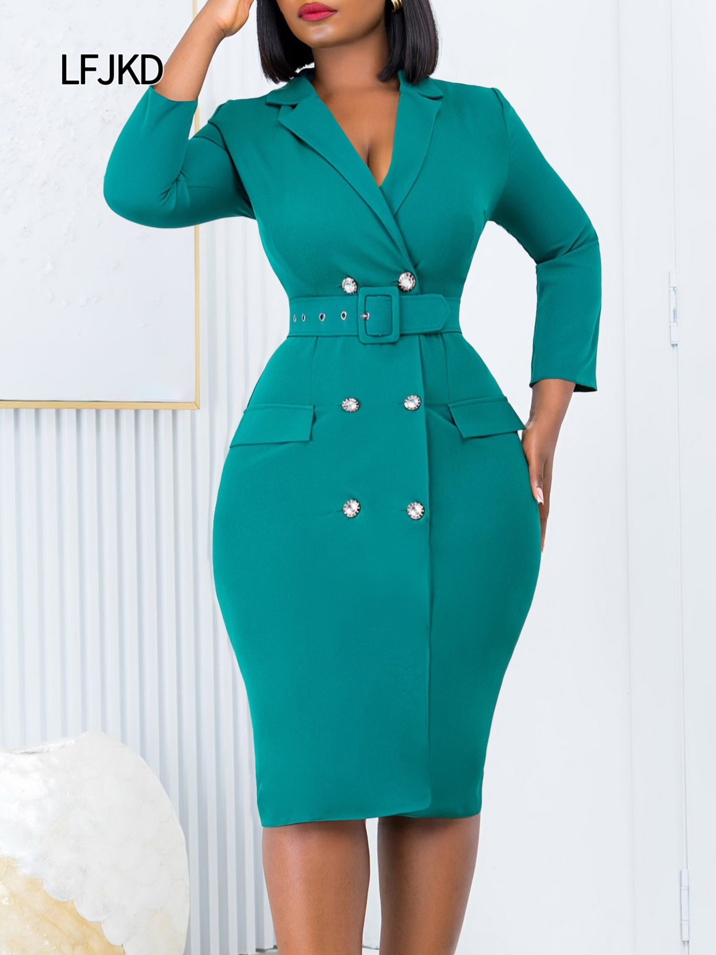 K2242 Double-breasted plus-size professional dress, women's suit collar commuter dress, 2024 new fashion OL office wear