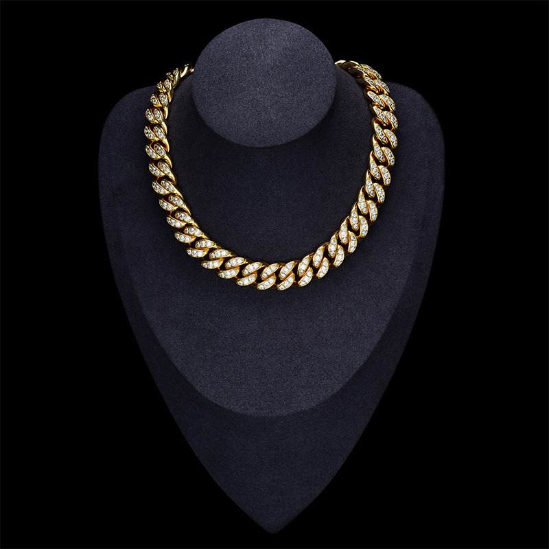 Hip Hop 15mm Cuban Chain Iced Rhinestone Miami Choker CopperSilver Alloy with Gold Plating Fashionable Necklaces Jewelry