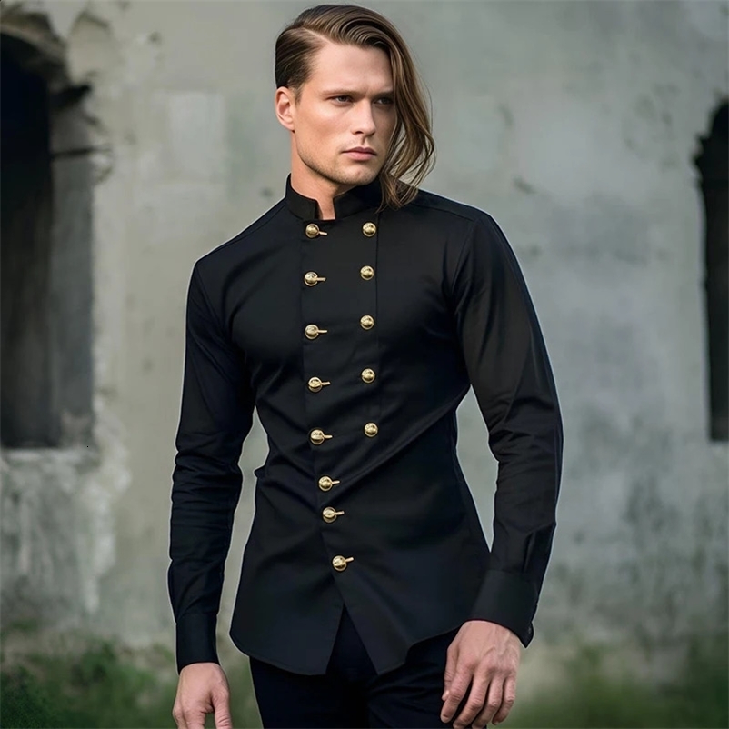 Men Long Sleeve Shirts Double Breasted Henry Collar Mens Dress Shirts Casual Male Clothes Chemise Shirt Homme Shirt S42 250214