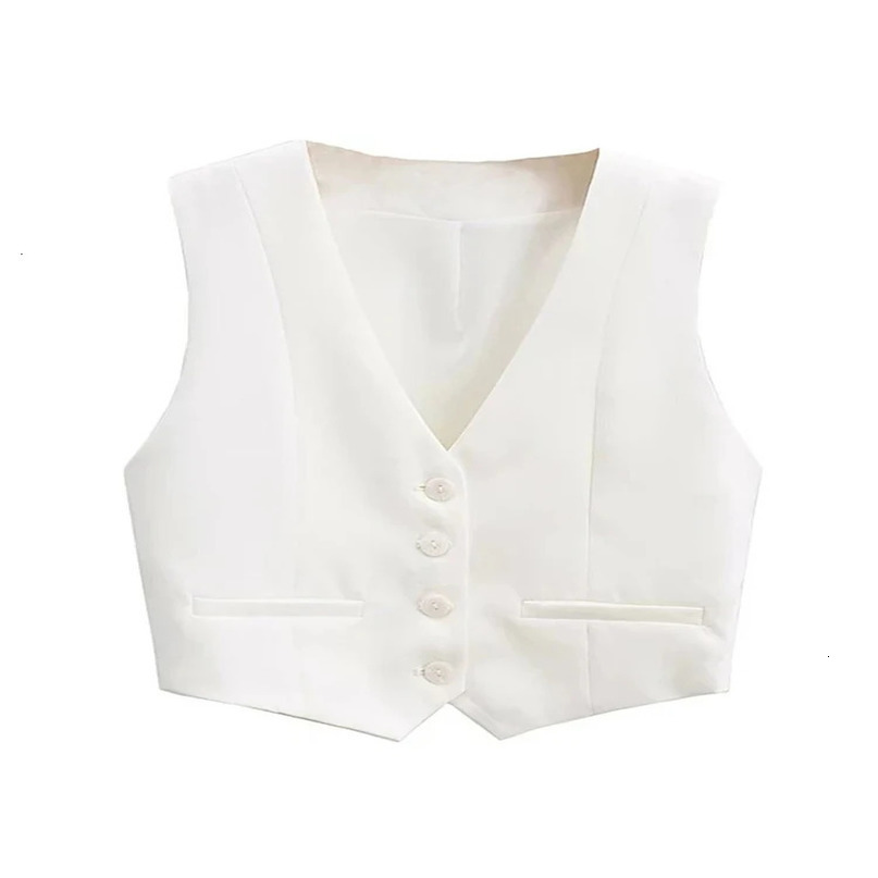 Aoaiiys Vest Women Cropped Waistcoat Fashion Front Buttons Tops Vintage V Neck Sleeveless Female Outerwear White Chic Vests 240523