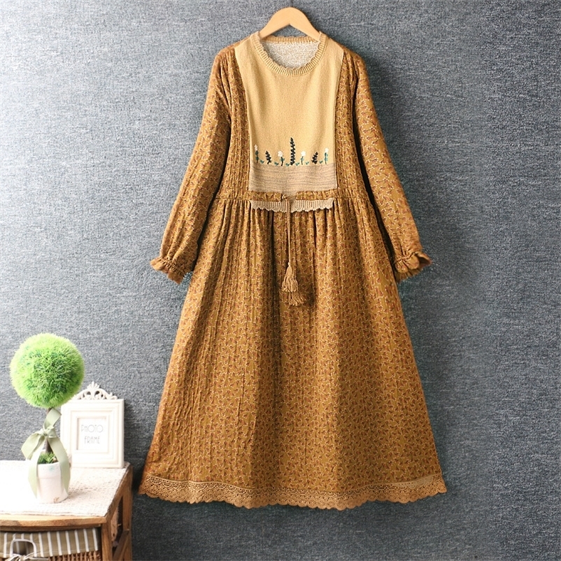 Basic Casual Dresses Autumn Knitting Patchwork Floral Dress Women Long Sleeve Round Neck Midi Dress XYF083009 230519