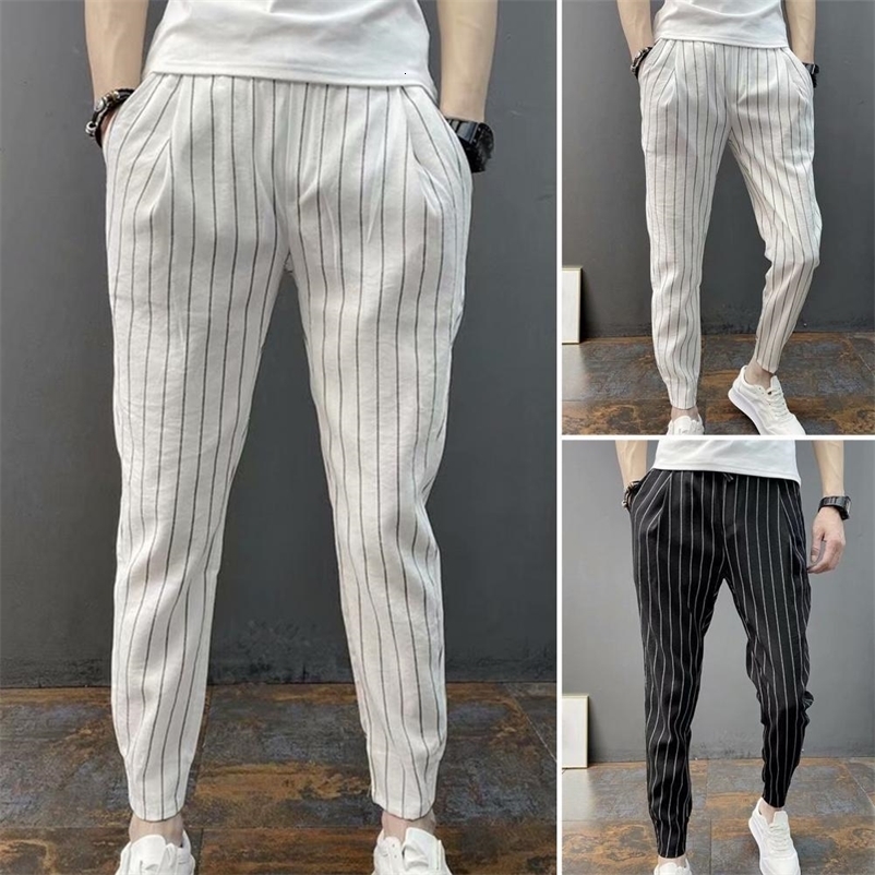 Men's Pants Men Harem Pants Striped Drawstring Pencil Trousers Slim Fit Elastic Waist Trousers Stretch Ankle Tied Pencil Pants For Autumn 230504