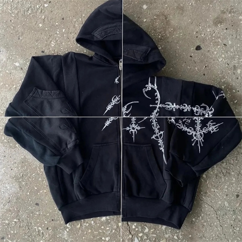 Vintage Zipper Hoodie Y2K Harajuku Gothic Pattern Patch Work Sweater Mens Hip Hop Super Harajuku Casual Street Wear 240927