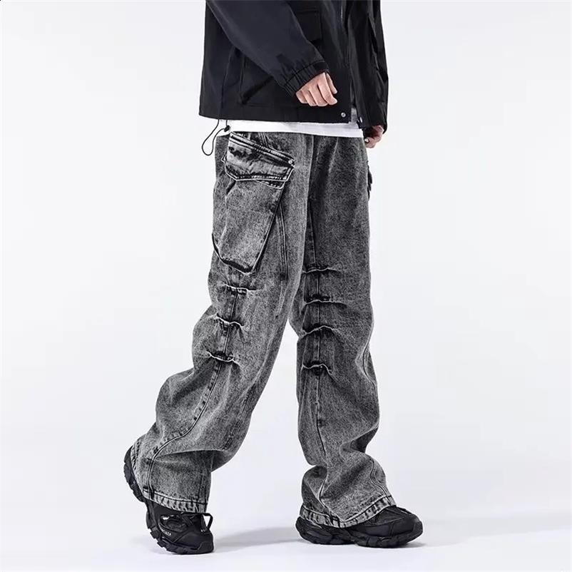 Ropa Aesthetic Y2K Fashion Vintage Grey Baggy Cargo Jeans Pants For Men Clothes Pleated Streetwear Straight Long Trousers 240814