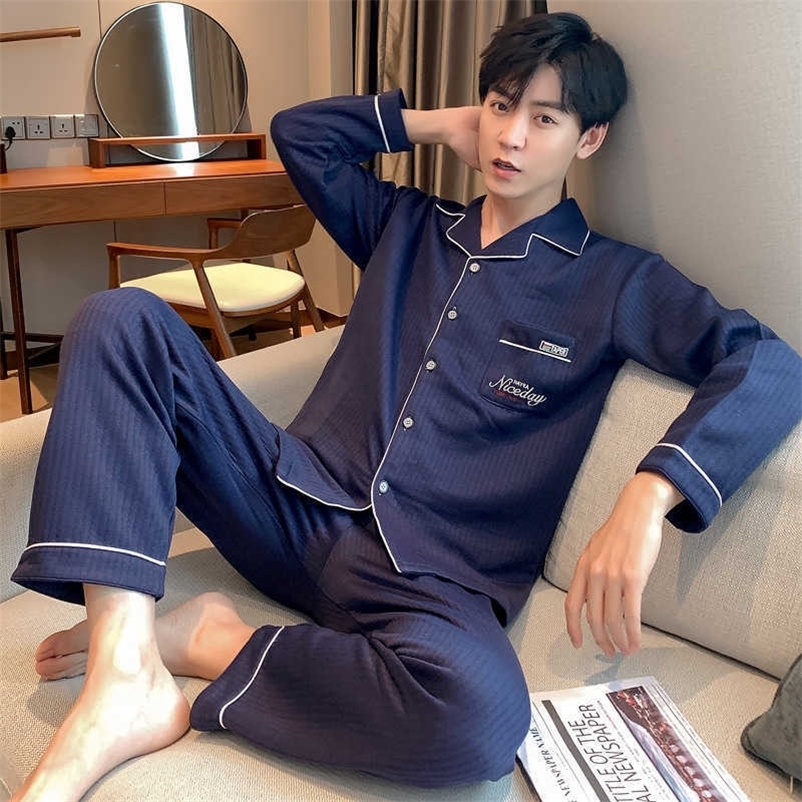 Royal Blue Men's Young and Middle-aged Men's Pajamas Are Warm In Autumn and Winter You Can Wear Cardigans and Trousers At Home 211019