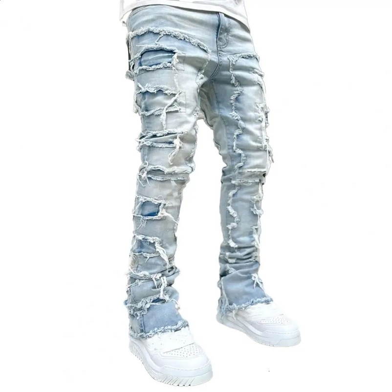 Mens Stacked Jeans Fit Ripped Jeans Destroyed Straight Denims Pants Vintage Hip Hop Trouser Streetwear 240912