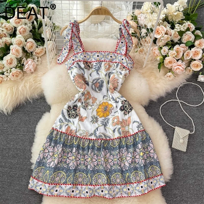 DEAT Women Printing Sling Dress Slash Neck Sleeveless Arrivals Lady Temperament Fashion Spring Summer 11D1405 210709