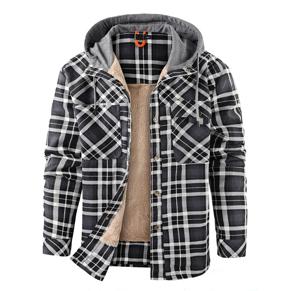 Men's Jackets Flannel Shirt Thickened 2025 Casual Loose Hooded Button Coat Spring and Autumn Classic Plaid Men's Tops with Pockets