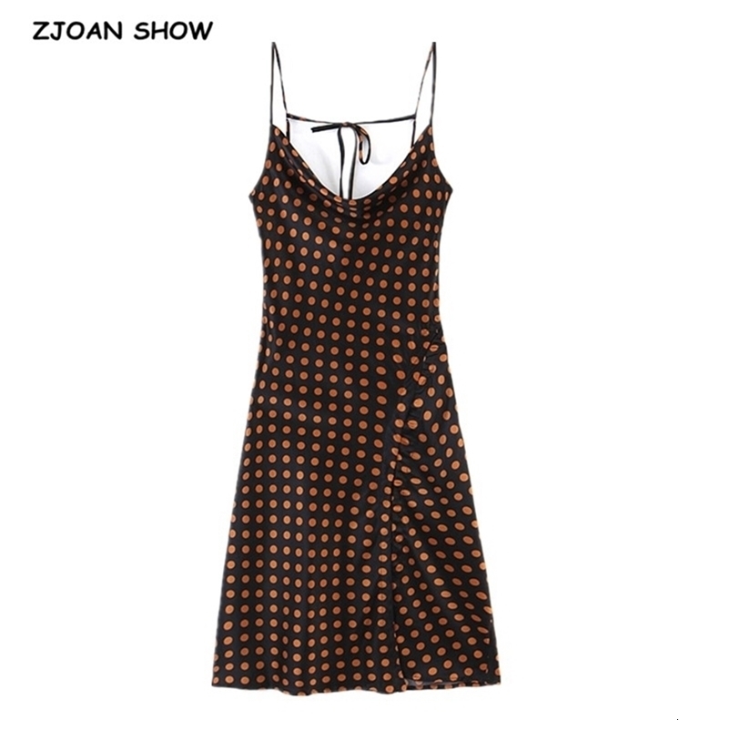 French Summer Polka Dot Print Bandage Spaghetti Strap Midi Dress Retro Sexy Women Lacing Up Sling Slit Vestido 210429