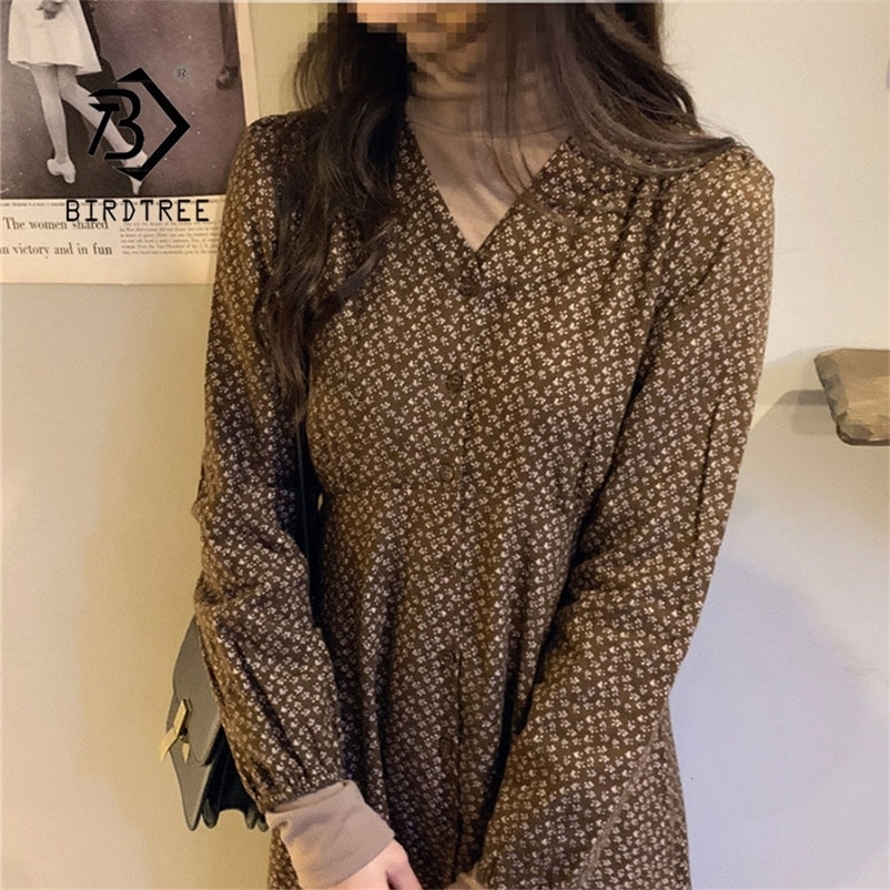 Spring Autumn Girls Drawstring Sleeve Boho Beach V Neck Floral Print Robe Medium Long T-Shirt Dress T0D902C 210416