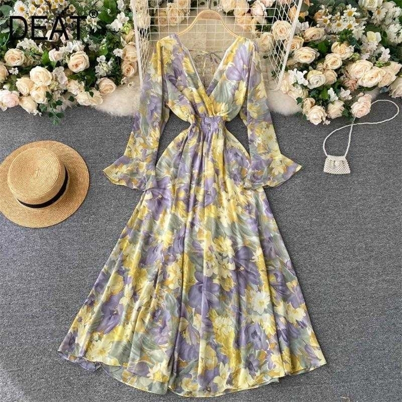 DEAT Women Printing Midi-long Dress V-Neck Long Sleeve Arrivals Lady Tenperamnet Fashion Spring Summer 11D942 210709