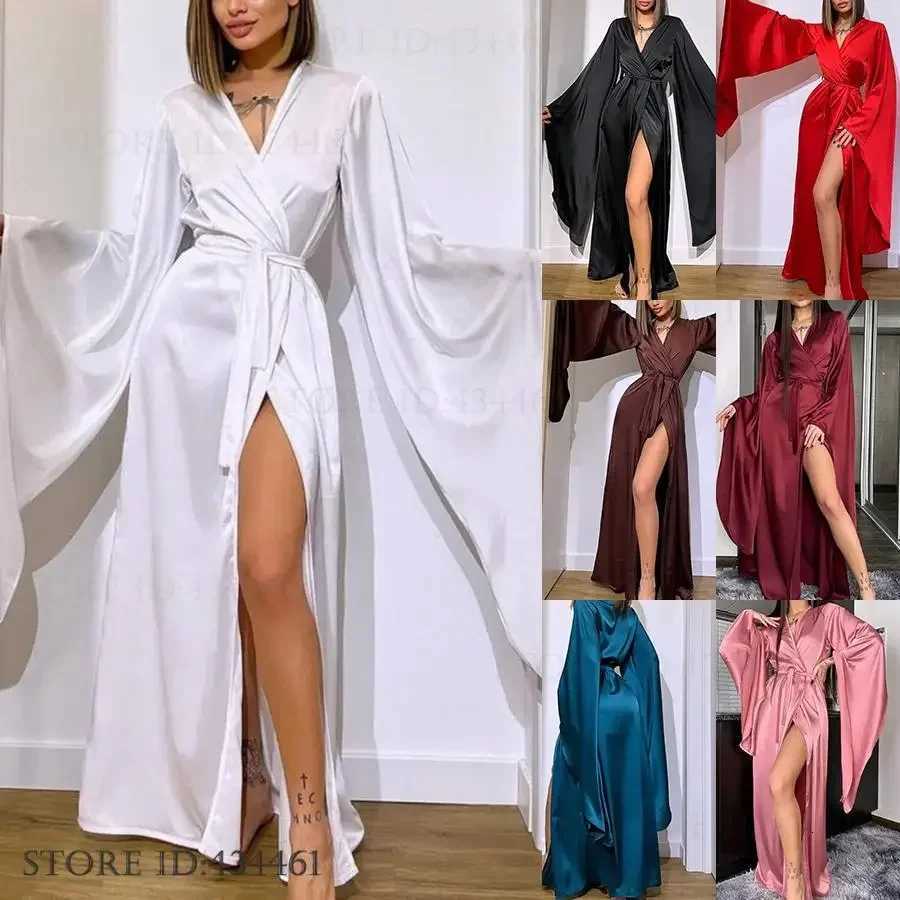 Fashion Elegant Women Long Robe Home Dress Sexy Ice Silk Kimono Bathrobe Gown Spring Summer Nightgown Loungewear Loose Homewear Z250924