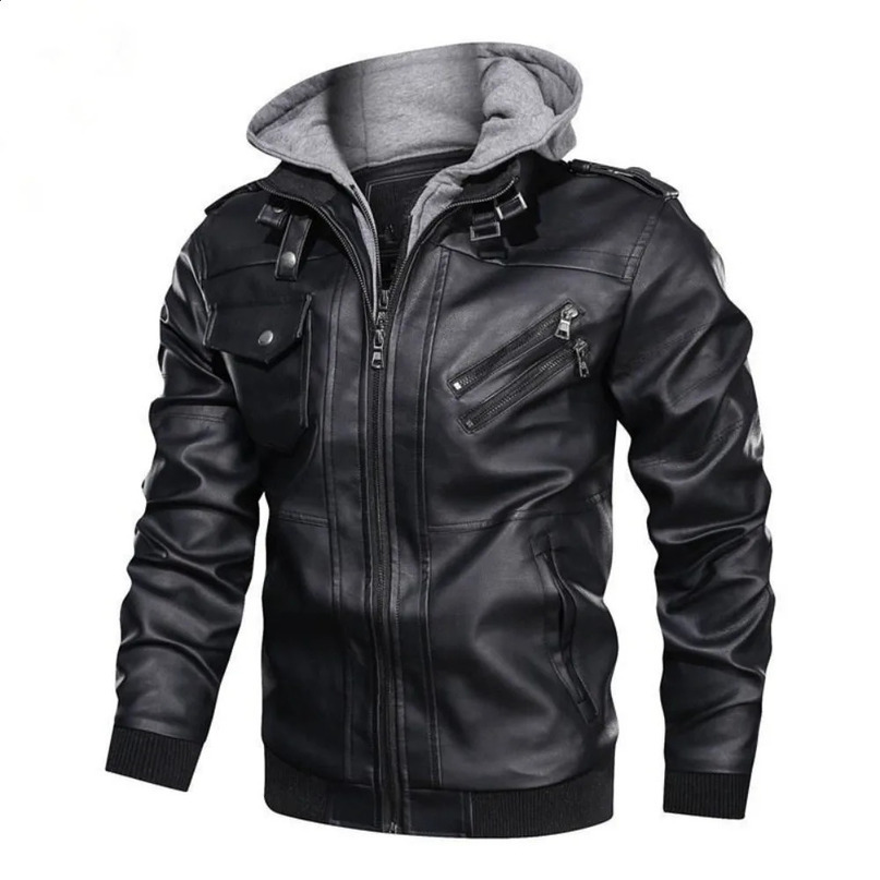 Mens Fall Winter Jacket PU Leather Jackets Standup Collar Motorcycle Biker Clothing Casual Detachable Hooded Coats 241122
