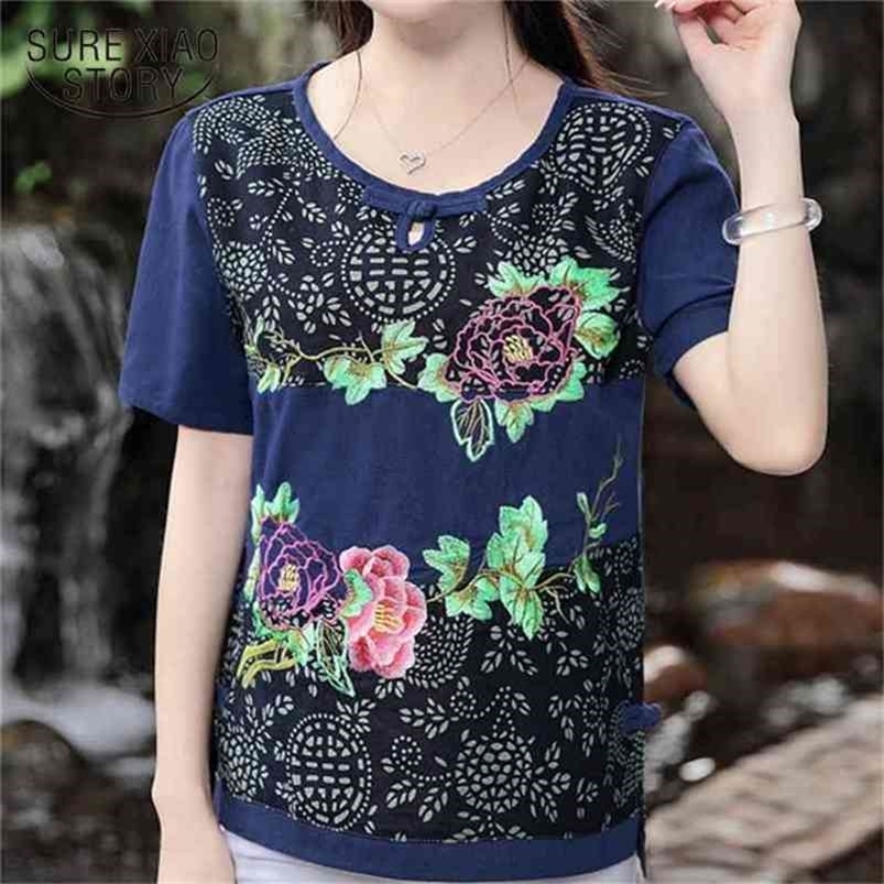 fashion floral embroidery women shirt blouse short-sleeve 's clothing plus size loose tops blusas D824 30 210506