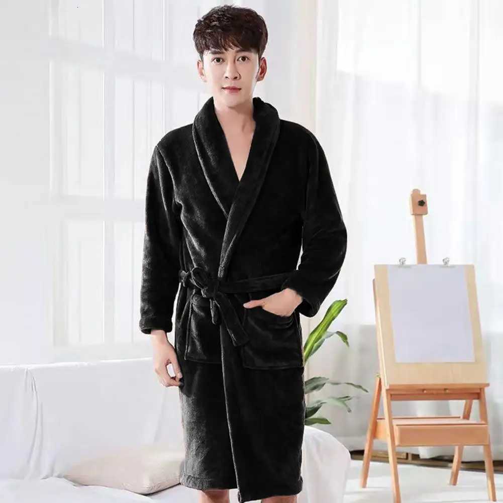 Coral Fleece Women Men Bathrobe Thick Warm Water Absorbent Winter Lace Up Cardigan Lapel Pockets Bath Robe Nightgown Dress Z250924