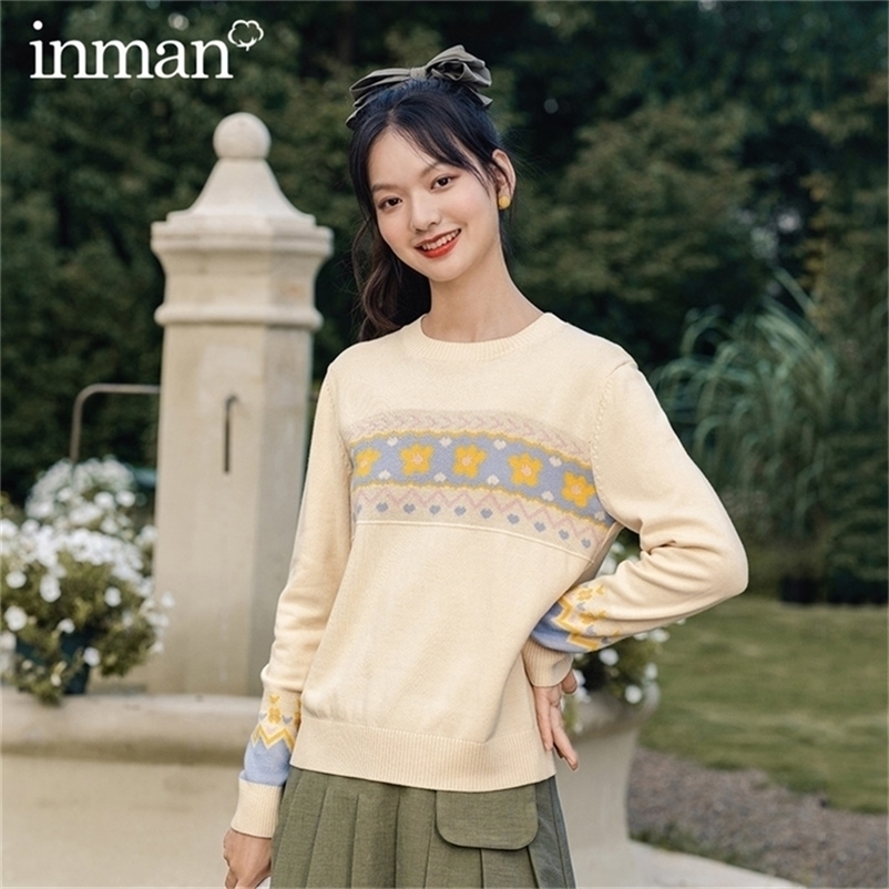 INMAN Autumn Arrival Jacquard Weave Sweater Rib Round Neck Knitting Micro-elastic Keep Warm Pullover Sweater 201225
