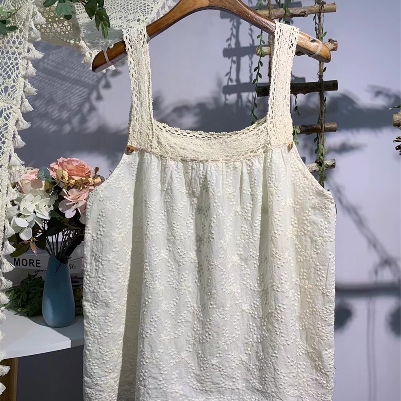 Camisoles Tanks New Summer Mori Girl Cotton Embroidery Camisole Solid Color Sleeveless Vest Women Japanese Style 230420