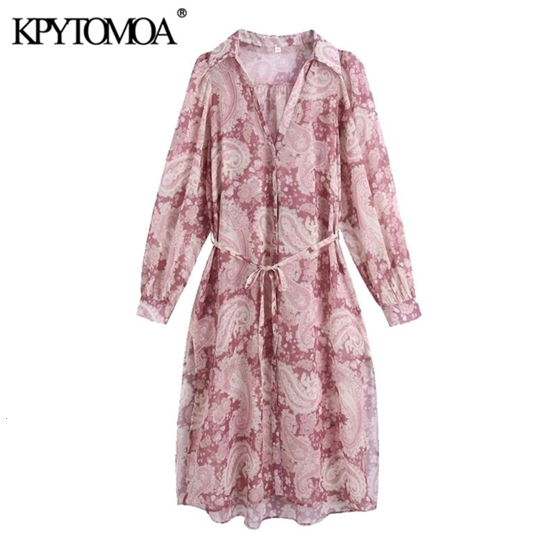 Women Chic Fashion With Belt Paisley Print Chiffon Midi Dress Long Sleeve Side Vents Female Dresses Mujer 210420