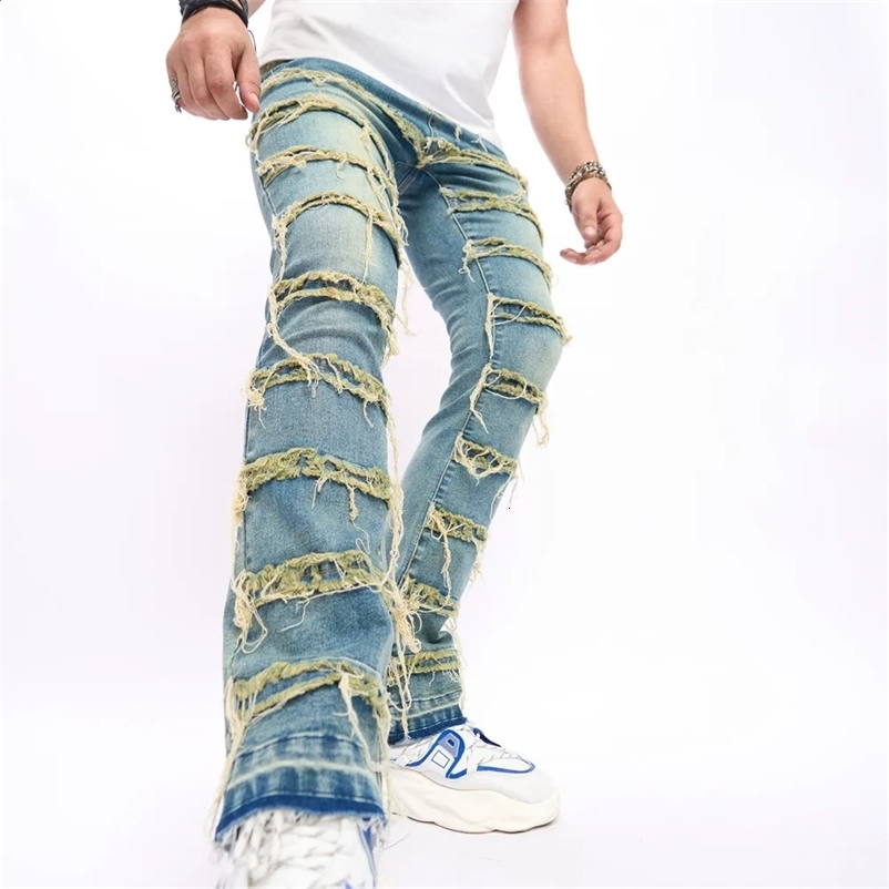 Men Retro Style Stacked Spliced Slim Straight Biker Jeans Pants Streetwear Male Casual Denim Trousers 240912