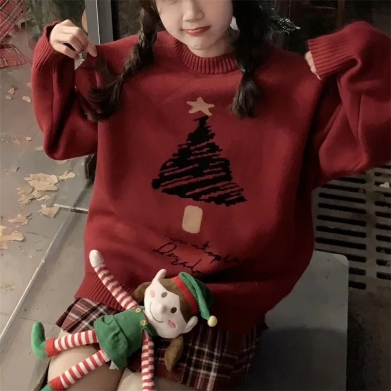Christmas Harajuku sweater atmospheric winter retro lucky tree embroidery long sleeved round neck loose knit sweater 241025
