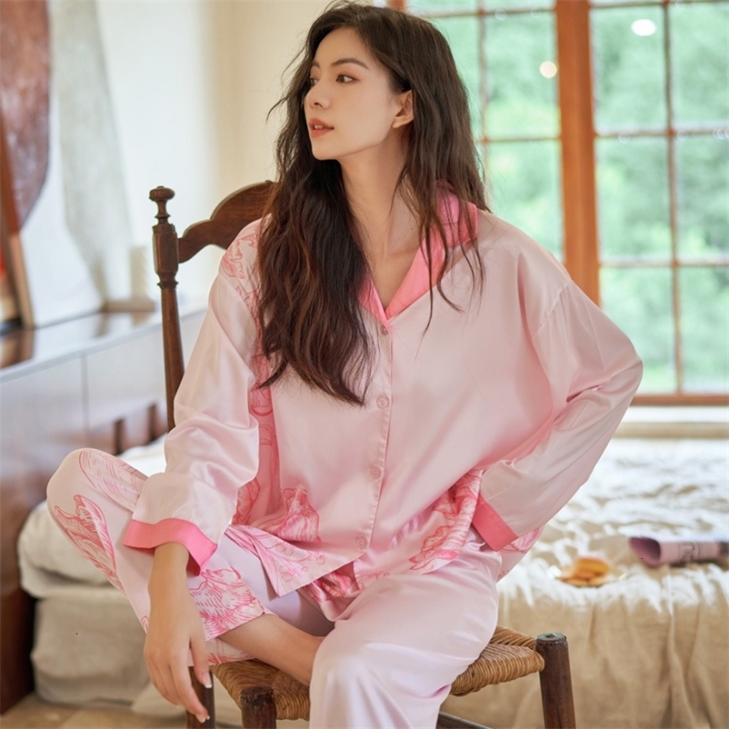 Women's Sleepwear QSROCIO High Quality Women's Pajamas Set Floral Print Faux Silk Nightie Pink Homewear Leisure Simple Sleepwear Loungewear 