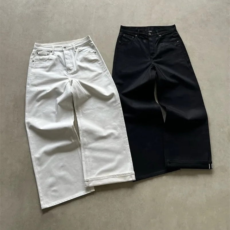 American fashion trend solid color high waisted jeans mens Y2K street hip-hop loose fit suitable for Harajuku Versatile wide leg pants 250423