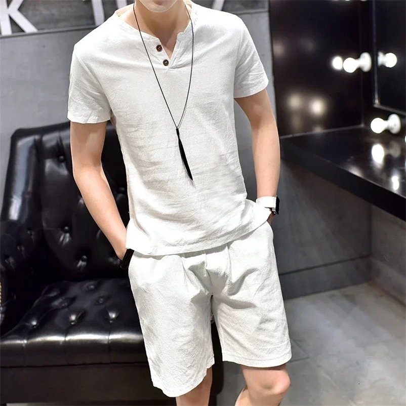 Summer Linen Short Sleeved Comfortable T-shirt for Mens Solid Color V-neck Chinese Style Fashion Casual Set 240530