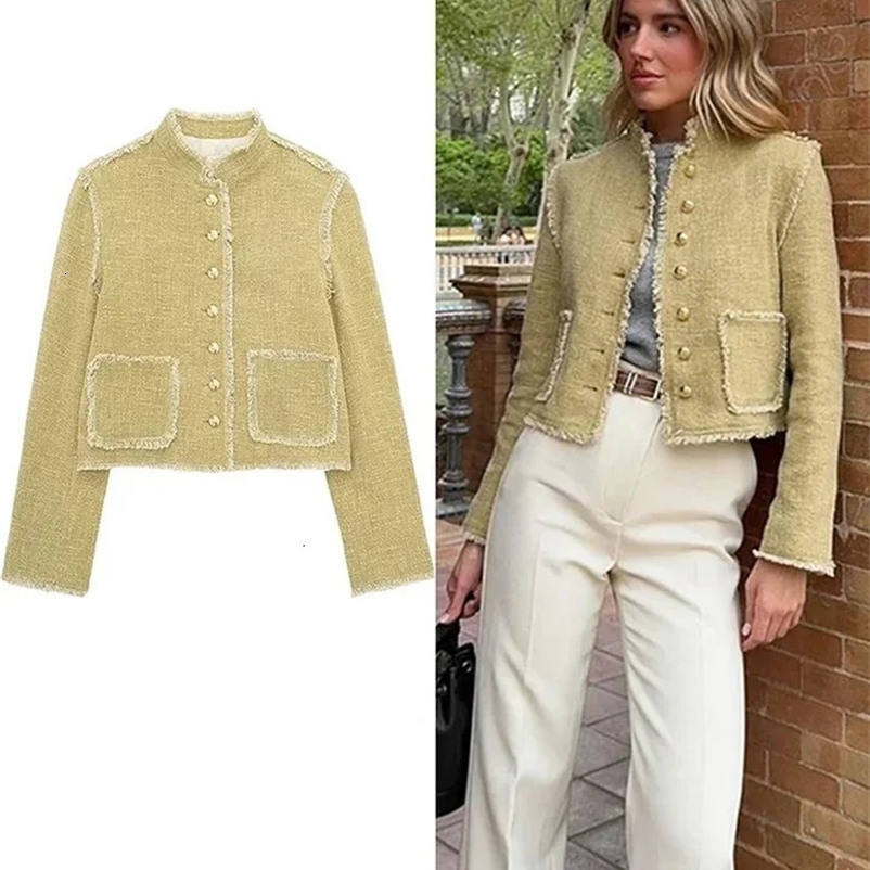 Elegant Tweed Womens Jackets Coat Fashion Tassel Single Breasted Stand Collar Pockets Female Jacket Autmn Lady Outwear 240704