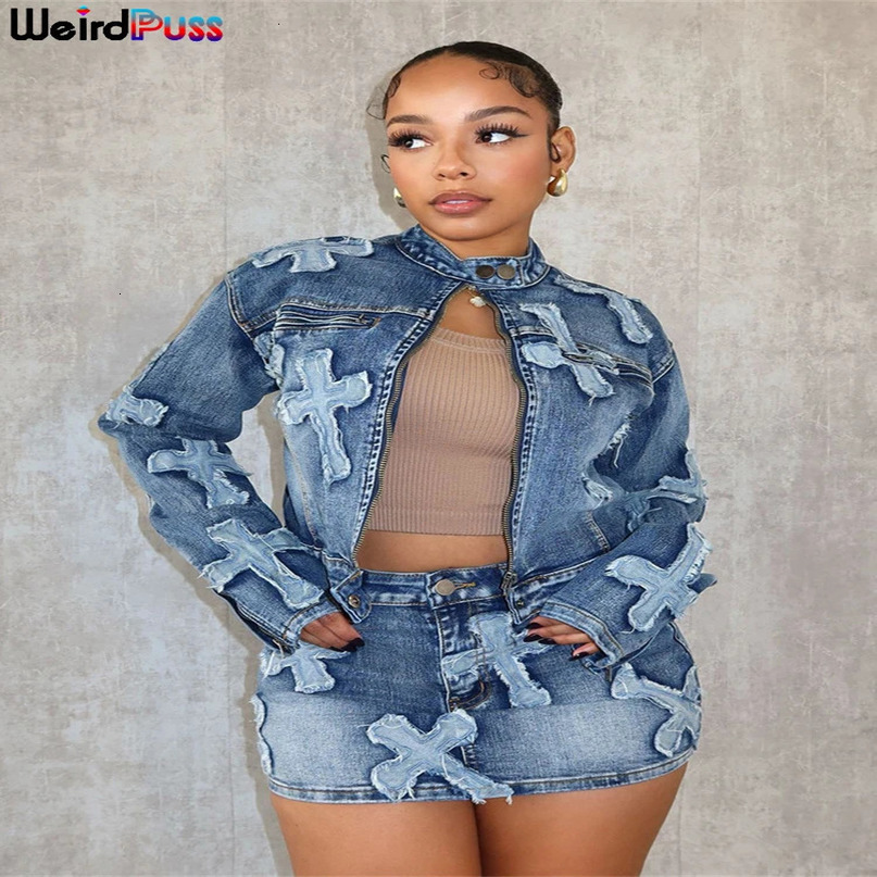 Weird Puss Vintage Women 2piece Set Half High Collar Zip JacketHigh Waist Mini Skirt Hipster Streetwear Denim Embroidery Suits 240423