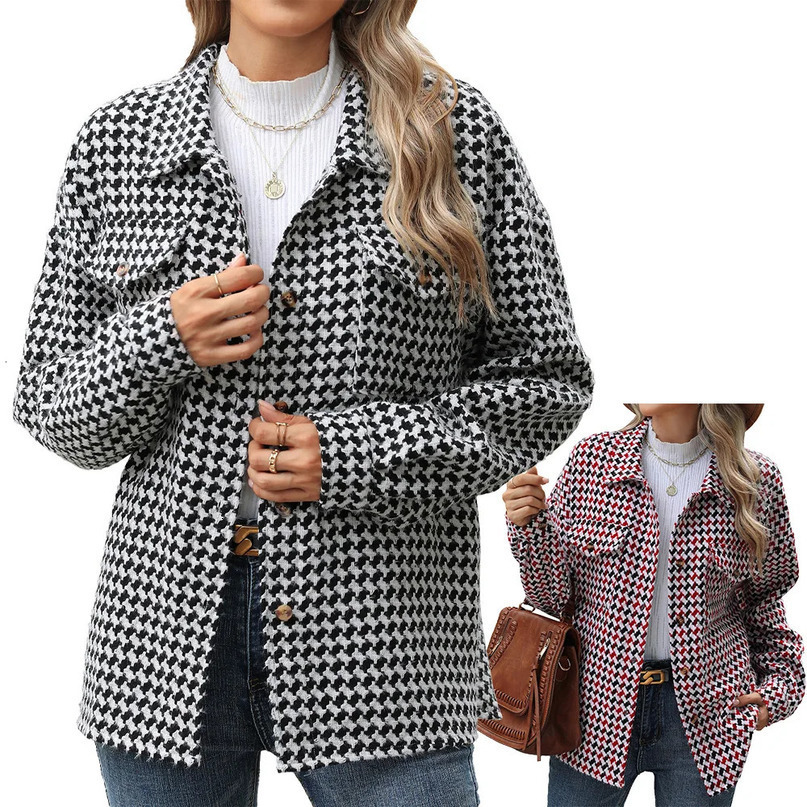 YJKDYK Autumn Winter Womens Houndstooth Jacket Female Loose Long Sleeved Woolen Coat With Pocket Ladys Coats Casual Jacket 250116