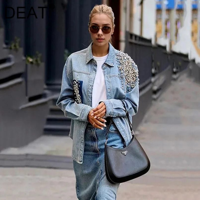 DEAT Fashion Denim Coat Women Lapel Irregular Rhinestone Decorate Single Breasted Patchwork Loose Jakcets Spring 2025 7AB878 250116