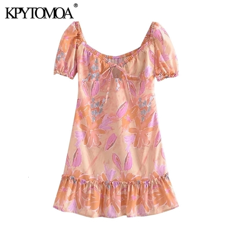 Women Chic Fashion Floral Print Ruffled Mini Dress Tied V Neck Side Zipper Female Dresses Vestidos Mujer 210420