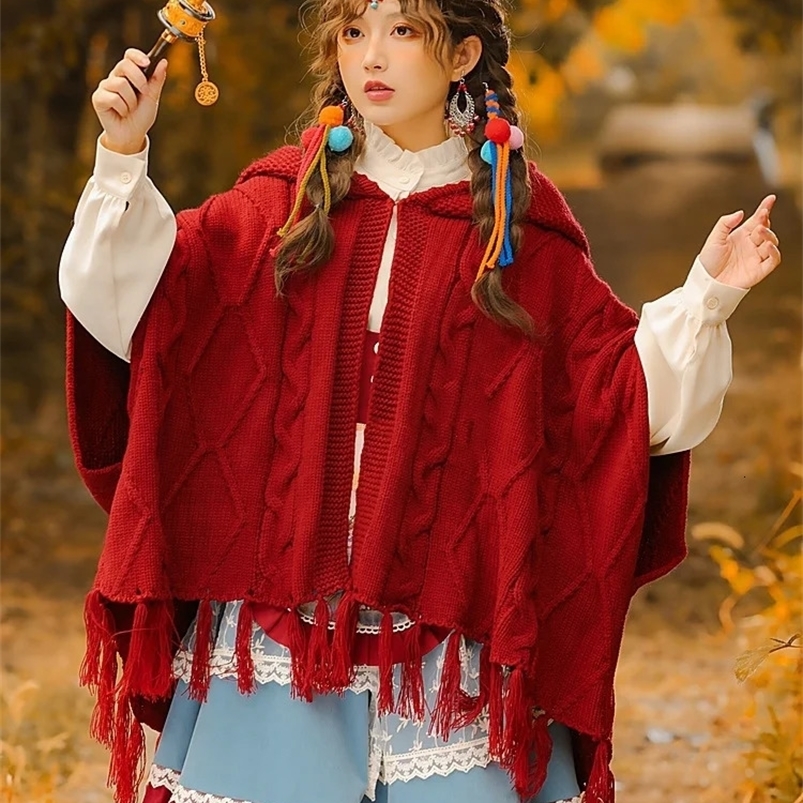 Hikigawa Autumn/Winter Retro Red Knitted Shawl Coat Womens Hooded Tassel Open cardigan Top Unprinted Good Product 241128