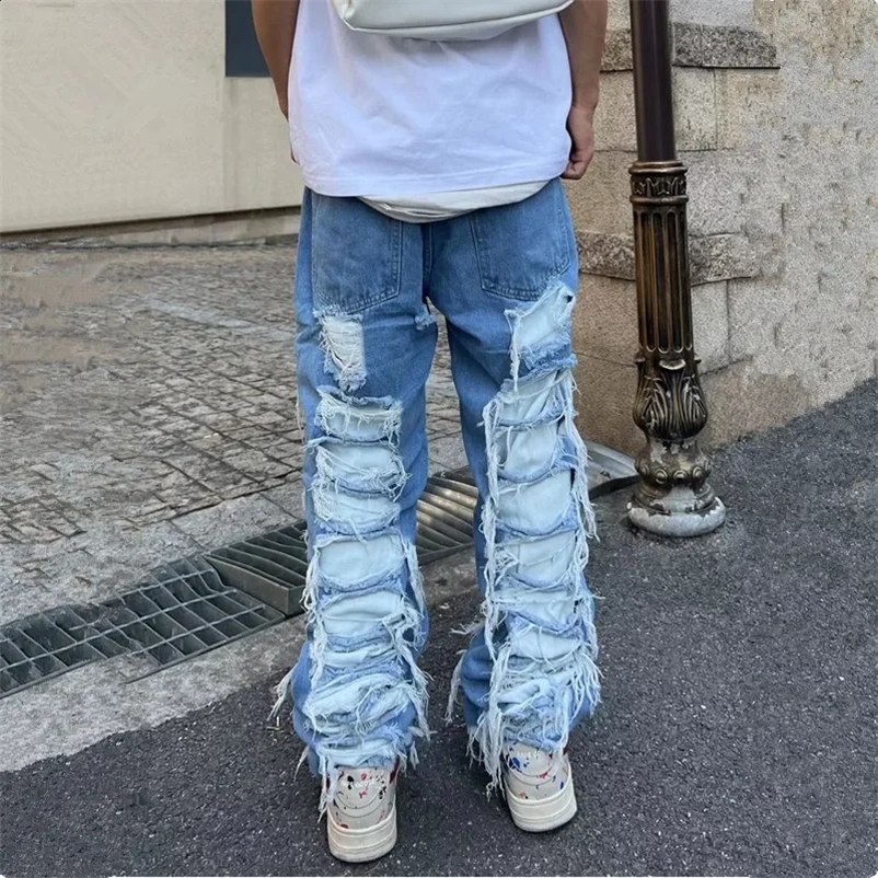 Ropa Grunge Y2K Streetwear Baggy Stacked Ripped Jeans Pants Men Clothing Straight Washed Blue Denim Trousers Pantaloni Uomo 240912