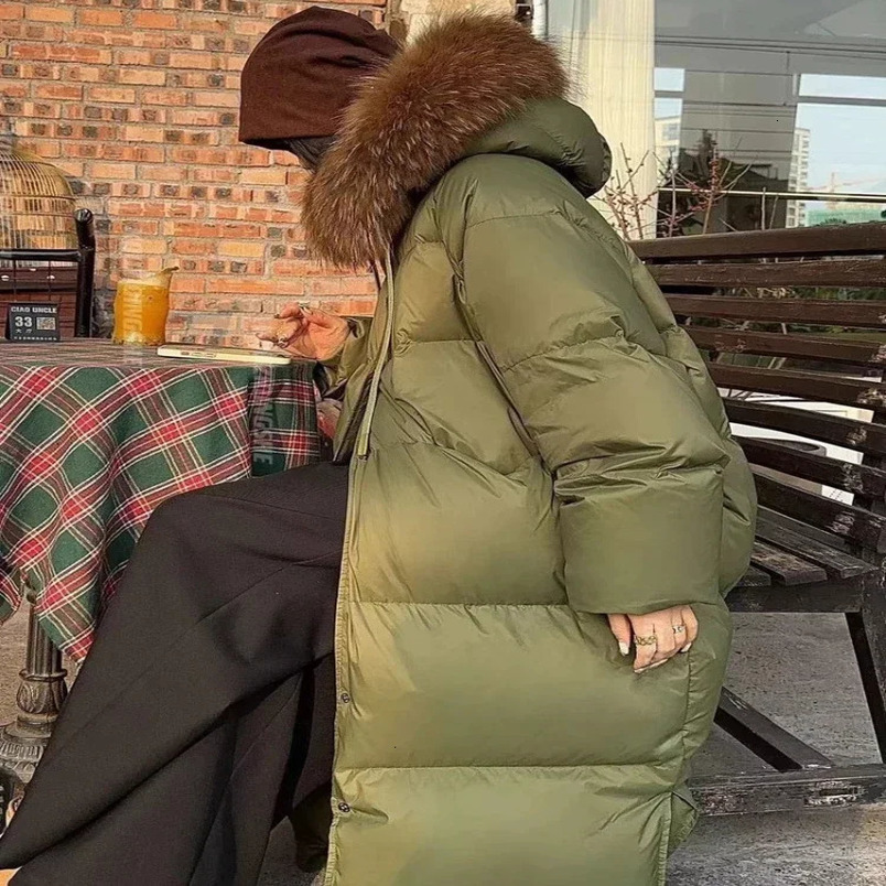 Super Raccoon Fur Army Green Quilt Down Jacket Winter Thick Plus Loose Warm White Duck Inflatable Jacket Womens 241108